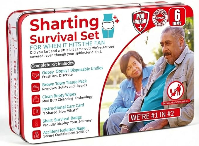 Funny Sharting Survival Set - Gag Gifts for Men, Boyfriend, Husband Birthday - 6pc Hilarious Bathroom Prank Gift for Adults - Unique White Elephant Gift, Stocking Stuffer, Fart Joke Novelty Tin