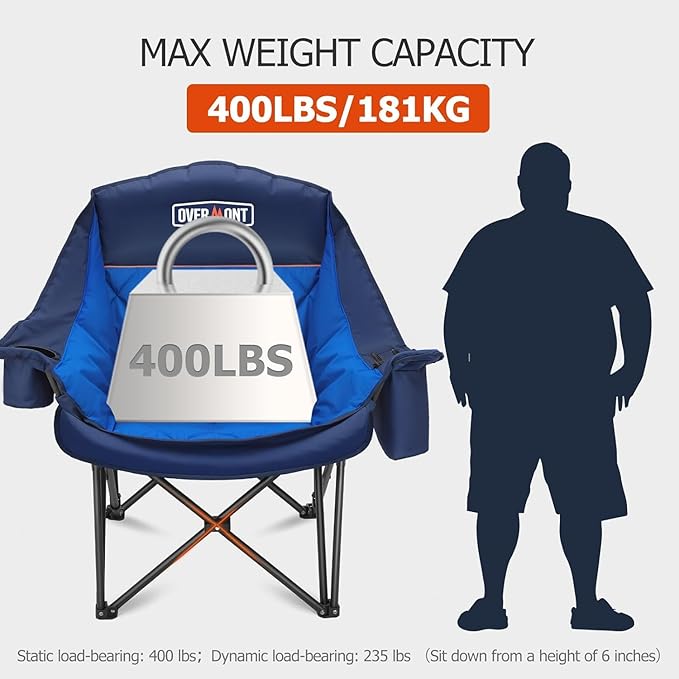 Overmont Oversized Camping Chair for Adults - 400lbs Support Heavy Duty Padded Folding Chair with Cooling Bag Cup Holder Side Pocket Carry Bag - Comfortable Portable for Outdoor Garden Sports Beach