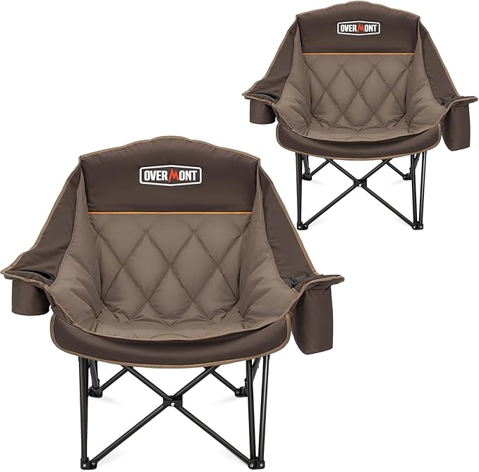 Overmont Oversized XL Camping Chair for Adults - 400lbs Support Heavy-Duty Padded Folding Chair with Side Pocket Cup Holder Cooling Bag for Outdoor Sports Garden Beach Fishing Lawn Khaki 2pcs