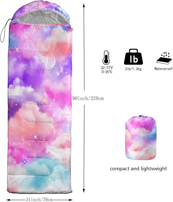 QOOMO Axolotl Cute Camping Sleeping Bags,3 Season Warm & Cool Weather,Lightweight,Waterproof Sleeping Bags for Adults & Kids,Traveling,and Outdoors