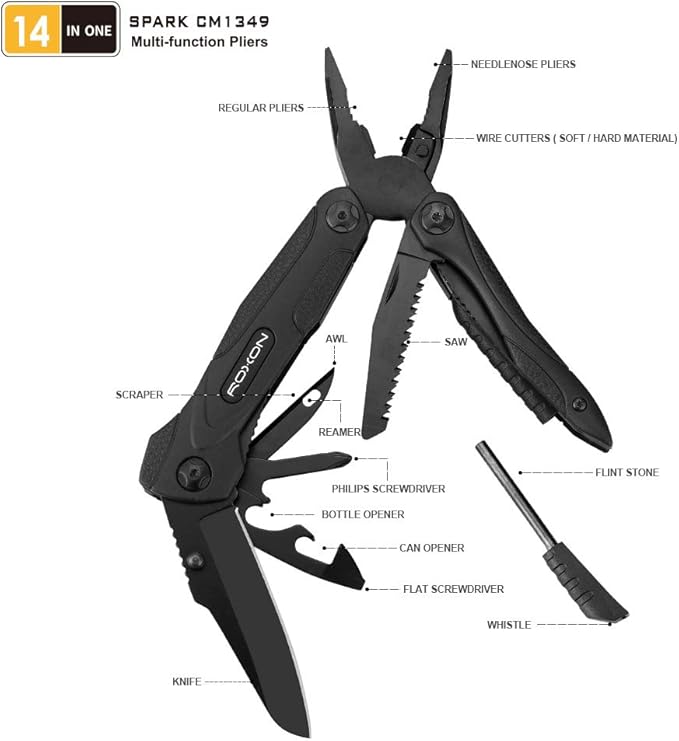 Roxon CM1349 SPARK Multitool Plier, 14-in-1 Multitools Folding Plier, Multipurpose Outdoor Survival Portable Multi Tool Set