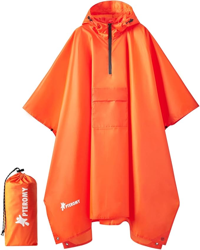 PTEROMY 3-in-1 Hooded Rain Poncho for Adult with Pocket, Waterproof Lightweight Unisex Raincoat for Hiking Camping Emergency