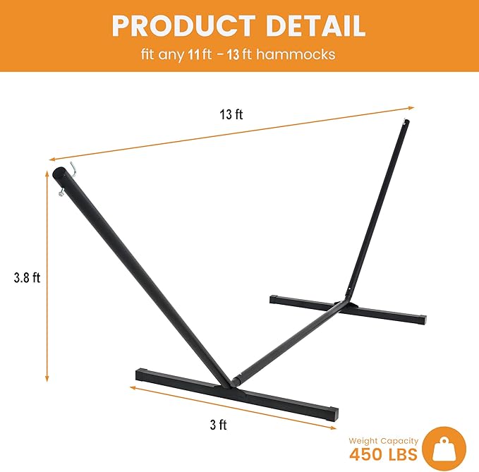 Lazy Daze Hammocks 13 Foot Hammock Stand Heavy Duty with Hooks and Chains, Steel Outdoor Hammock Base for Porch Patio Garden Backyard, 450 Pounds Capacity, Black