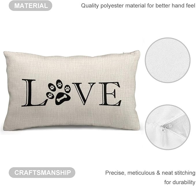 ITFRO Great Pet Dog Lover Gift with Words Love Paw Prints Bone Lumbar Sofa Decorative Beige Cotton Linen Throw Pillow Case Cushion Cover Oblong 12x20 Inches (Print)