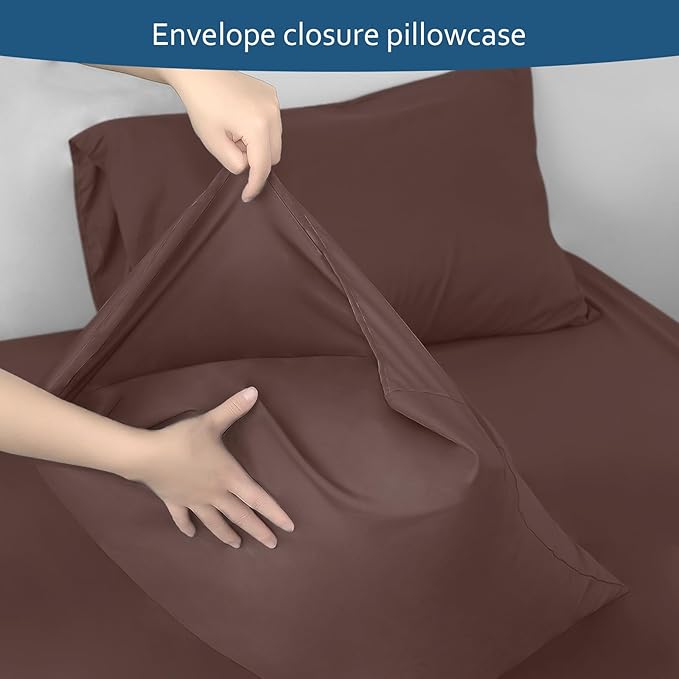 Moonsea Deep Pocket Full Sheet Set - Full Size Sheet Sets for Air Mattress - Breathable & Extra Soft Easy Fit 16in to 24in Mattress - 4 Piece Set - Brown Bed Sheets Set