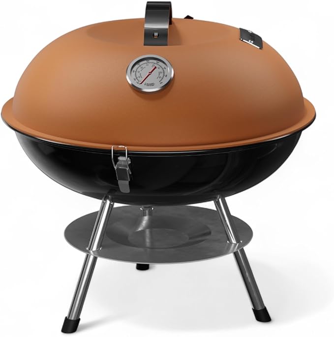 GasOne – 14-inch Portable Barbecue Grill with Thermometer - 3-Point Locking Lid for Heat Preservation – Dual Venting System – Small Charcoal Grill for Backyard, Camping, Boat