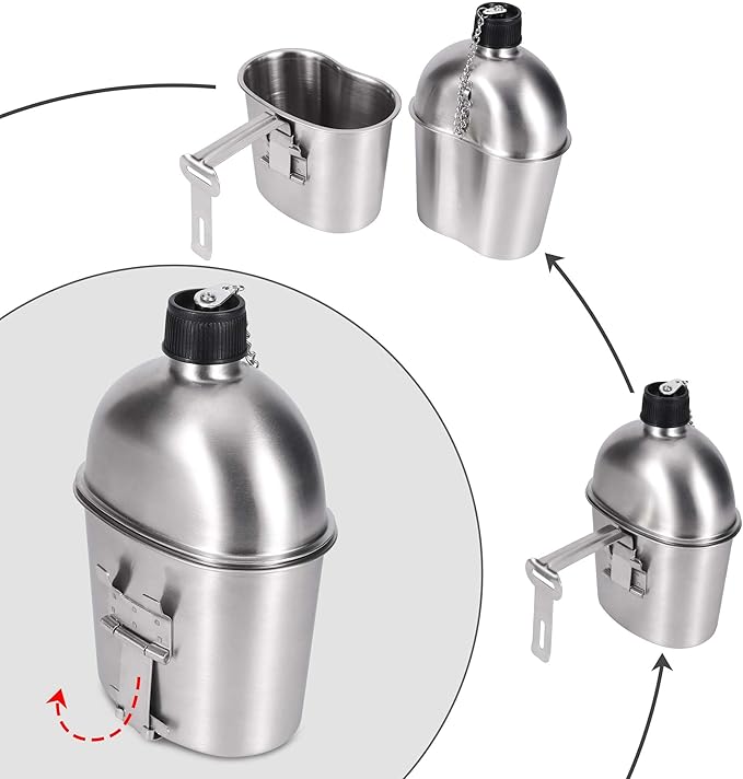 Goetland Stainless Steel WWII US Army Canteen Water Bottle Military Canteen Kit 1QT with 0.5QT Cup Nylon Pouch G.I.