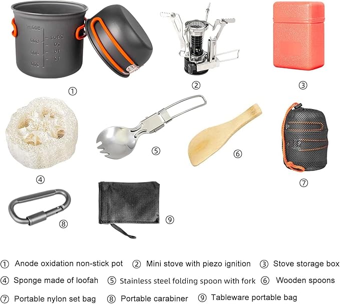 Camping Cookware Set, Portable Camping Mess Kit with Non-Stick Pots, Pans Set and Folding Fork, Lightweight Backpacking cookware Cooking Set for Outdoor/Camping/Hiking/Picnic