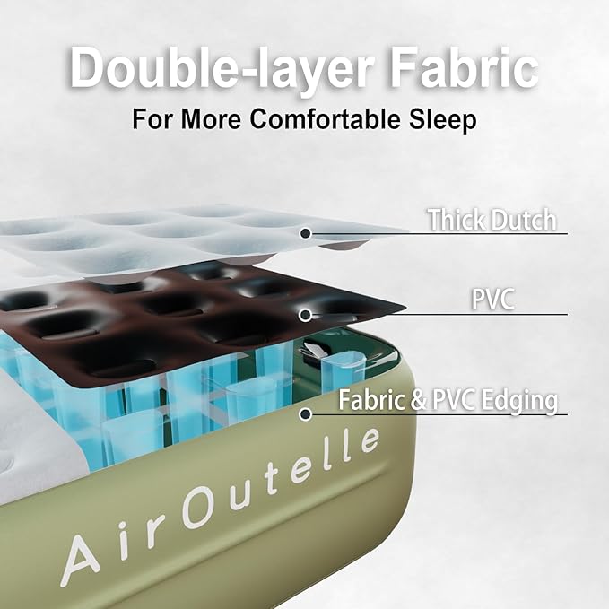 Queen Air Mattress with Battery Pump - USB-C Rechargeable Portable Inflatable Bed, 18 Inch Green Dutch Velvet Surface, 3 Min Fast Inflation for Camping & Home Guest Use