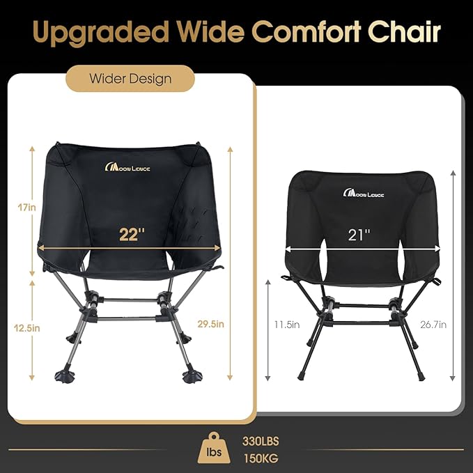 MOON LENCE Camping Chair Plus, Upgraded Comfort & Size, Still Compact and Lightweight, Folding Portable Chair for Backpacking & Hiking, 400Lbs Capacity, Gen 3 Plus (Black)