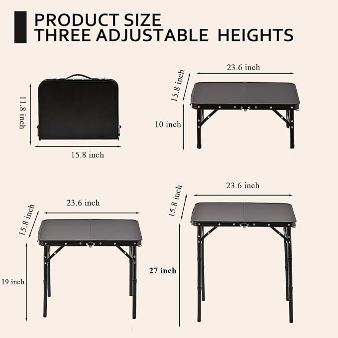 YihuiKo Folding Picnic Table with Storage Net, Matte Black Aluminum Folding Table 23.6" x 15.8", Adjustable Height Max 27.5", Lightweight Portable for Camping Travel Grill Indoor