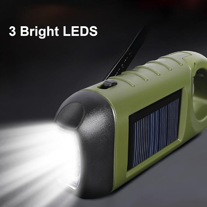 Hand Crank Solar Flashlight with USB Charing, Emergency USB Rechargeable LED Flashlight,Portable Handheld LED Survival Flashlight for Camping, Outdoor, Hiking Green