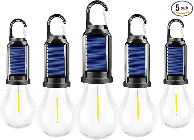 Solar Tent Lights Rechargeable 5 Pack, LED Camping Lantern Outdoor Hanging Light Bulbs with Clip Hook for Camping Hiking Decorations Hurricane Fishing Emergency,Flashlight