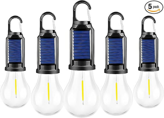 Solar Tent Lights Rechargeable 5 Pack, LED Camping Lantern Outdoor Hanging Light Bulbs with Clip Hook for Camping Hiking Decorations Hurricane Fishing Emergency,Flashlight