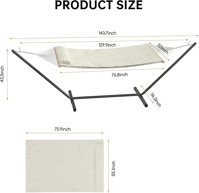 Garvee 2 Person Portable Double Hammock for Outdoor with Pillow, Heavy Duty Portable Hammock with Adjustable Steel Stand for Patio, Garden, Beach, Backyard