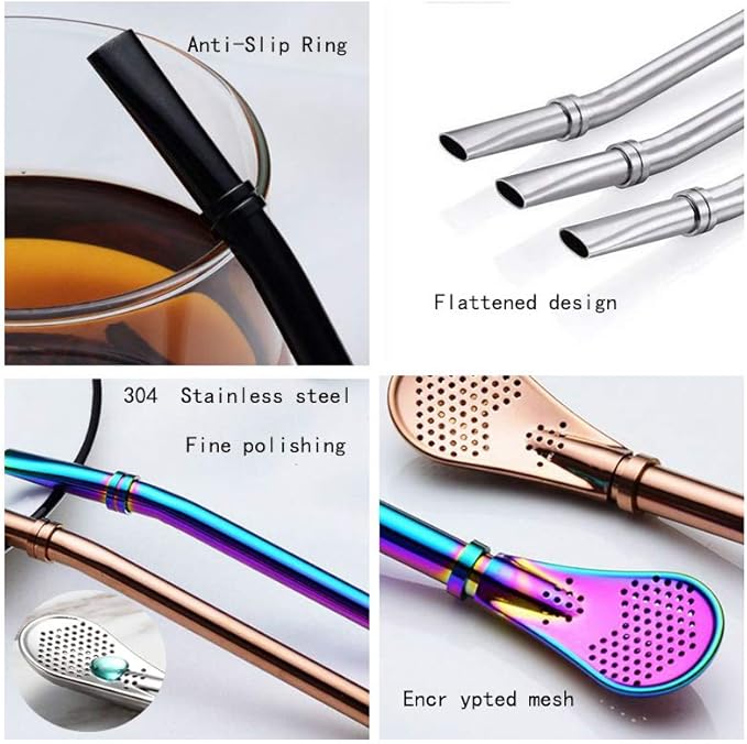 Yerba Mate Bombilla Stainless Steel Straw Loose Leaf Tea Infuser Dringking Spoons Filter Stirring Straws Pack of 5 with 2 Cleaning Brush