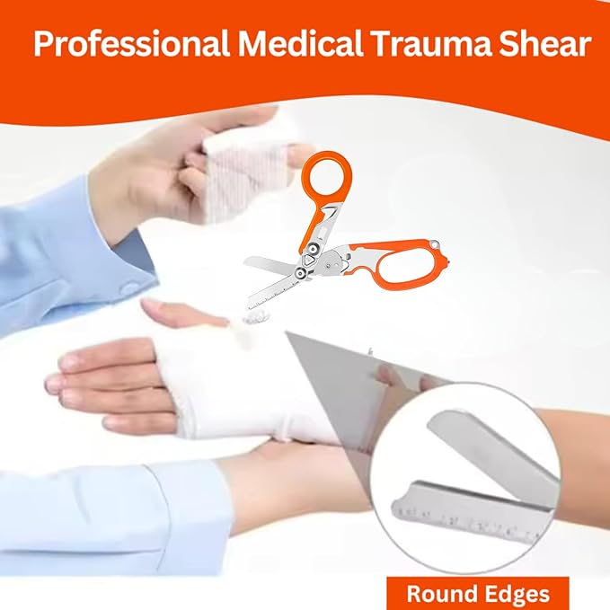 6 in 1 Multifunctional Trauma Shears Foldable With Strap Cutter | Heavy Duty Stainless Steel Emergency Response | Survival Shears With Holster | Medical Tactical | Orange