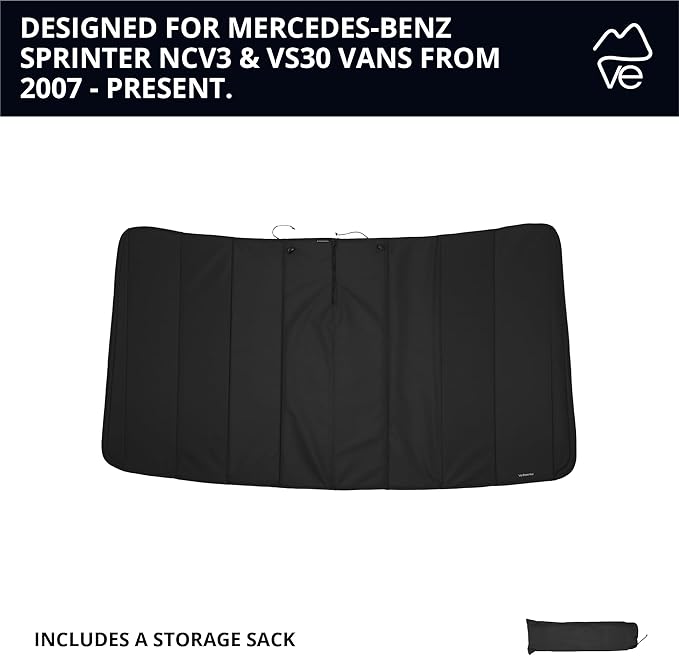 VanEssential Insulated Stealth Blackout Window Cover Designed for Mercedes-Benz NCV3 & VS30 (Van Years 2007 to Current), Front Windshield, Black