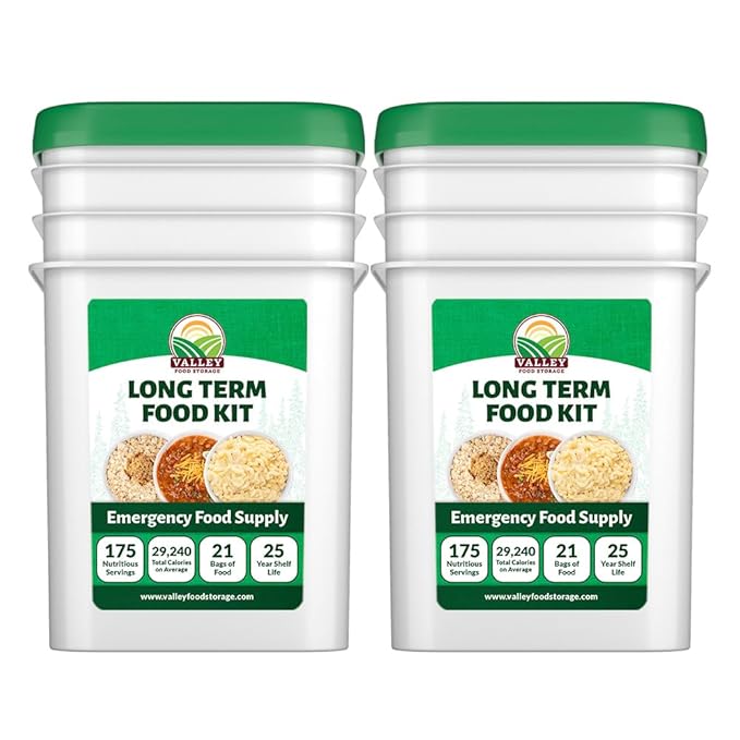 Valley Food Storage Long Term Food Supply Kit | 2 Bucket Emergency Survival Food | 75g+ Daily Protein, 1,800+ Calories Per Day | 25 Year Shelf Life Prepper Food for Camping & Disaster Preparedness