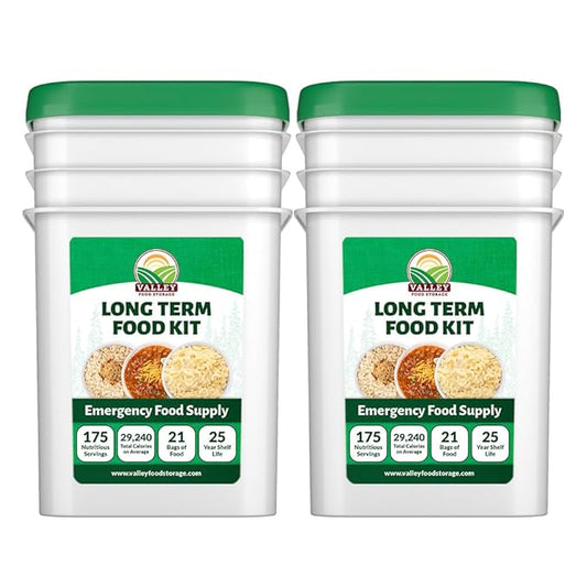 Valley Food Storage Long Term Food Supply Kit | 2 Bucket Emergency Survival Food | 75g+ Daily Protein, 1,800+ Calories Per Day | 25 Year Shelf Life Prepper Food for Camping & Disaster Preparedness