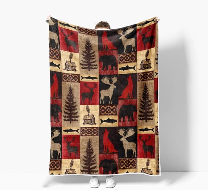 Torich Rustic Cabin Throw Blankets, Country Vintage Bear Moose Wood Cozy Warm Bed Couch Blanket, Farmhouse Hunting Camping Forest White Fleece Flannel Throws to Decorate The Room and Bedroom