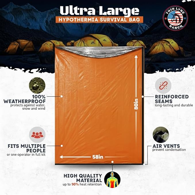 Ultra-Large Emergency Sleeping Bag for Survival - Hypothermia Prevention & Shelter - Multi-Person Bivvy Sack - Ideal Survival Gear, Emergency Bivy Camping Essentials