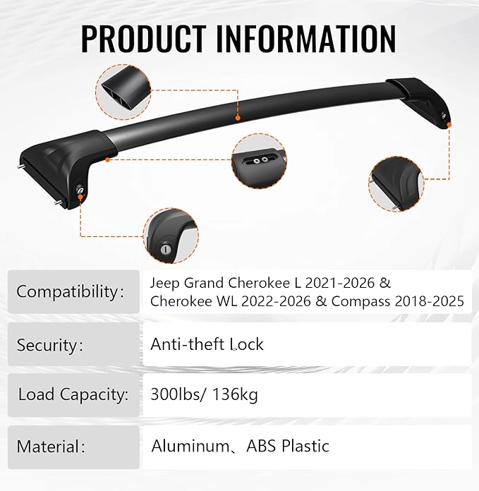 300lbs Roof Rack Cross Bars Compatible with 2021-2026 Jeep Grand Cherokee L 3-Row & 2022-2026 Grand Cherokee WL 2-Row, Aluminum Lockable Roof Rails Crossbar for Rooftop Cargo Kayak Snowboard