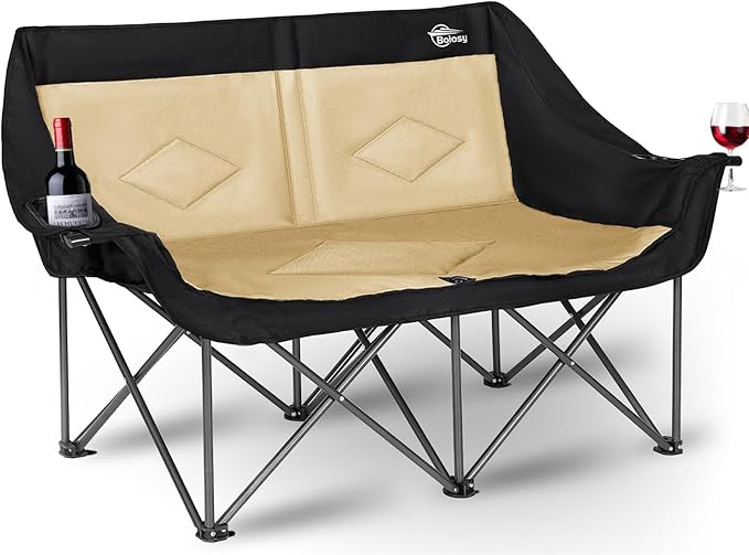 Bolosy Double Camping Chair Loveseat Camping Chair Double Folding Chair Camp Chairs for Adults Heavy Duty Two Person Camp Chair Padded Camping Couch 2 Person Lawn Chairs - Support 650 lbs - Khaki