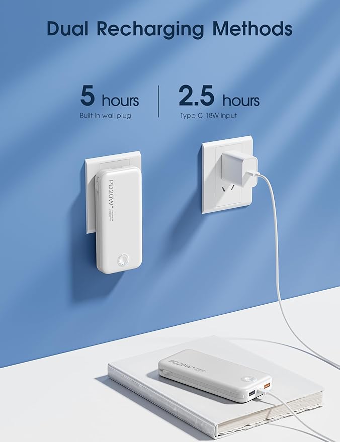 Nusyddy Portable Charger, 10000mAh PD20W Fast Charging Power Bank with Built-in Cables & Wall Plug, Travel Essentials External Battery Pack, USB C Battery Phone Charger for iPhone, iPad, Samsung White