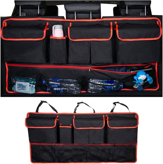 Mandark Car Trunk Organizer, Super Capacity Vehicle Hanging Backseat Cargo Storage Bag with Robust Elastic Net, Detachable Auto Seat Back Organizing Bag, Universal for SUV, Truck, RV（Black/Red）