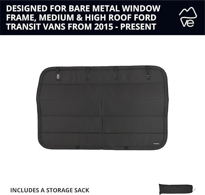 VanEssential Insulated Stealth Blackout Window Cover Designed for Ford Transit High/Medium Roof Sliding Door Window - Black
