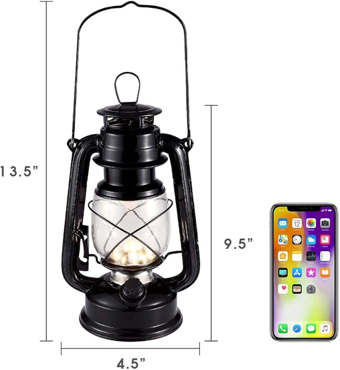 Vintage LED Hurricane Lantern, Warm White Battery Operated, Antique Metal Hanging With Dimmer Switch, 15 LEDs, 150 Lumen for Indoor or Outdoor Usage (Black)