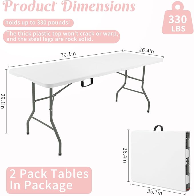 Fivenl 2 Pack 6 Feet Portable Folding Table White, Steel Legs Fold-in-Half with Carrying Handle Rectangular Plastic Foldable Table for Party, Wedding, Camping, Picnic, Dining, Indoor Outdoor Events