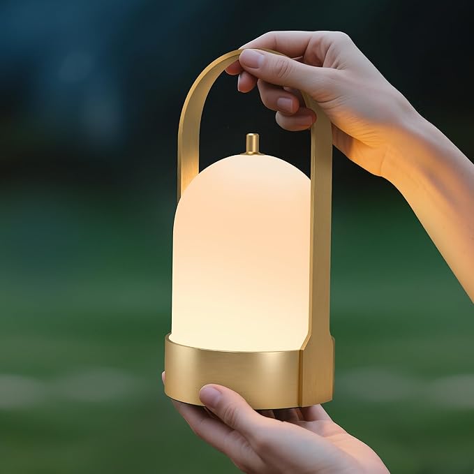 Tubicen Portable Lamp, Battery Operated Cordless Outdoor Table Lamps Rechargeable, 4-Level Touch Dimmable IP44 Shower Lamp, Night Light for Patio Camping Dining Room Bedroom (Brass, Waterproof)