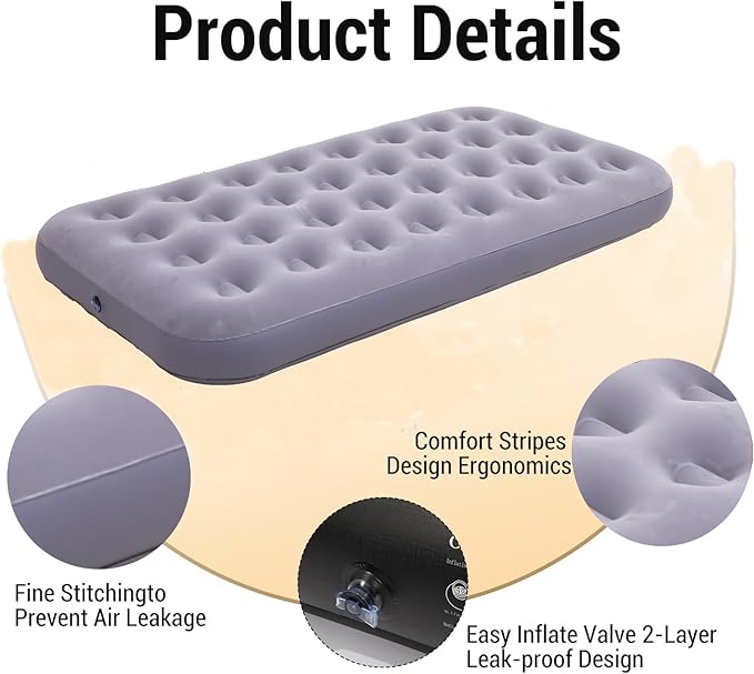 Onirii Twin Size Single Camping Air Mattress Bed with Air Pump,75"x 39"Thickened Portable Inflatable Mattress Blow Up Air Mattress,Travel Sleeping Bed Pad for Camping Home Hiking(Gray)