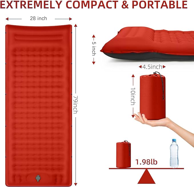 FNARMW Camping Sleeping Pad, Extra Thick 5 Inch Camping Mat with Pillow Built-in Foot Pump Inflatable Sleeping Pads Compact for Camping Backpacking Hiking Traveling Tent（Orange-Black）