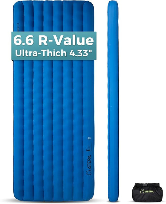 ATEPA ThermAir Pro Backpacking Inflatable Sleeping Pad, 6.6 R-Value Insulated Ultralight Portable Sleeping Pad Thick Camping Mat with Stuff Sack for Camping Backpacking Tent, Wide Long Size 78"x27"