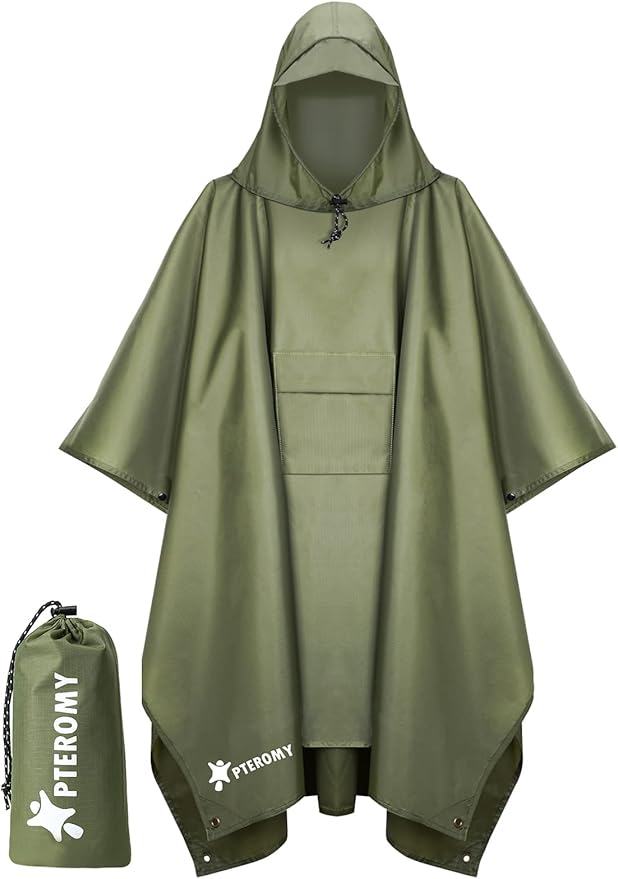 PTEROMY 3-in-1 Hooded Rain Poncho for Adult with Pocket, Waterproof Lightweight Unisex Raincoat for Hiking Camping Emergency