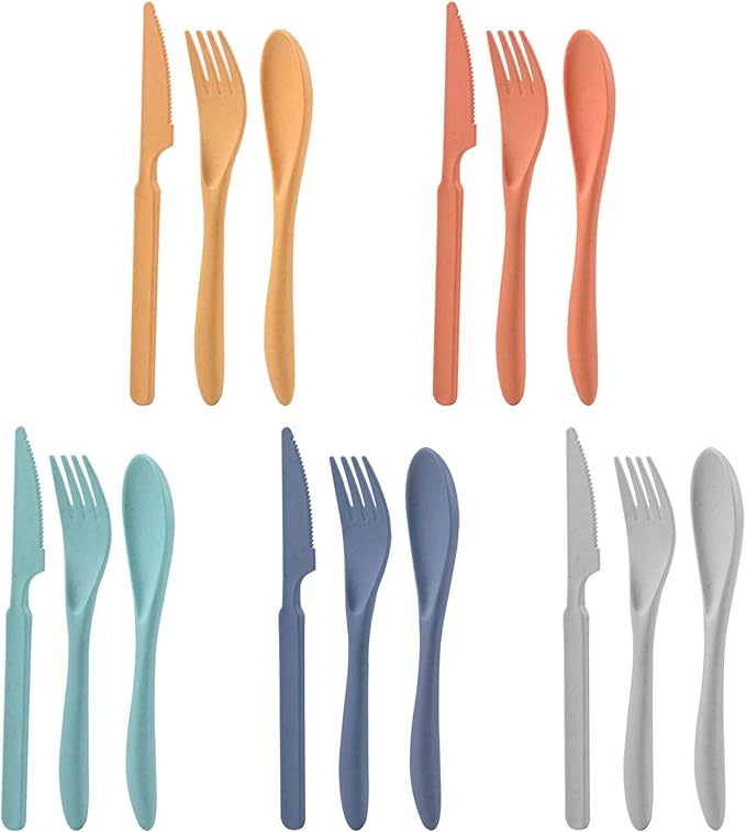 Knives Spoons and Forks Set, Wheat Straw Cutlery Set, Reusable Flatware Set for 5, Utensils for Party, Travel, Work, Picnic, Camping or Daily Use