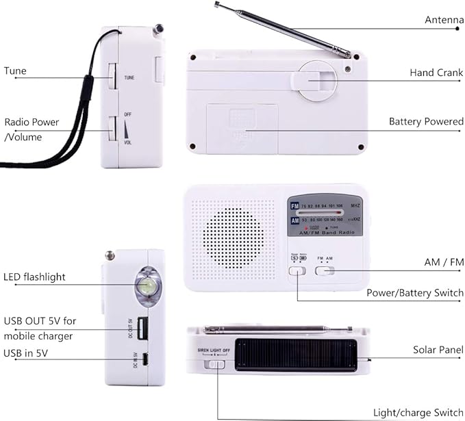 Emergency Radio with Solar and Hand Crank Self Powered, Battery USB Recharging FM/AM Radio LED Flashlight Cell Phone Charger (White)