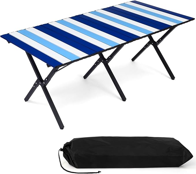 CroBlissful Beach Table Folding Camping Portable Table Striped White Aluminum Side with Carry Bag for Camping Picnics and Outdoor Activities (48x24x18 in,Navy Blue)