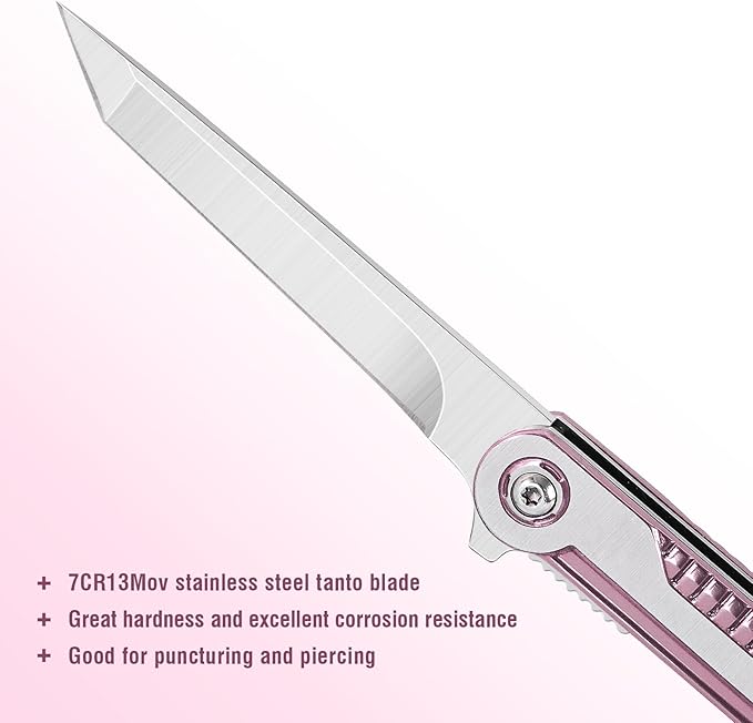 FUNBRO Pink Pocket Knife for Women - Slim EDC Knife with 7CR13Mov Steel Tanto Blade, Clip and Glass Breaker - Womens Knife for Self Defense - Cute Girl Survival Tool Pocket & Folding Knives