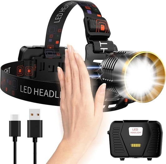 Rechargeable Headlamp LED, 1000 Lumens Super Bright Headlamp with Motion Sensor & Dual Light, 9000mAh Waterproof Head Light Zoomable 90° for Hiking, Camping, Cycling, Repair