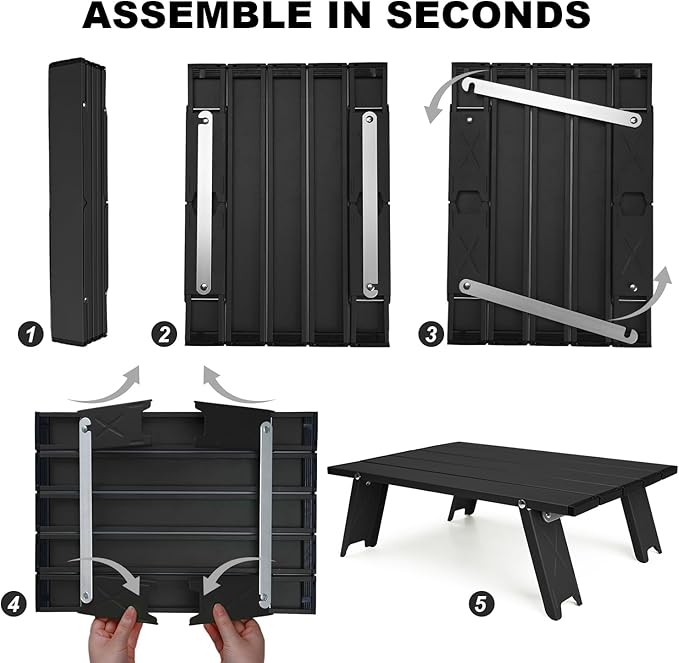 Small Folding Camping Table, Ultralight Portable Mini Beach Table with Carry Bag, Compact Low Side Picnic Tables Aluminum for Beach Camping, Black