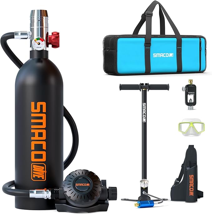 SMACO Mini Scuba Tank 1L Small Diving Tank for Underwater Breathing Portable Lung Air Tank Diving Oxygen Cylinder Kit for Emergency Rescue Boat Cleaning Backup Air Source Pony Bottle S400