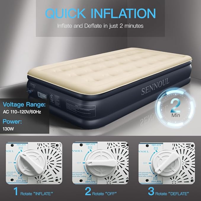 SENNOUL Twin Air Mattress with Built-in Pump,Fast & Easy Inflation/Deflation Inflatable Mattress, Foldable Blow Up Mattress with Storage Bag, Inflatable Bed for Home, Camping & Guests,16"/550lbs Max