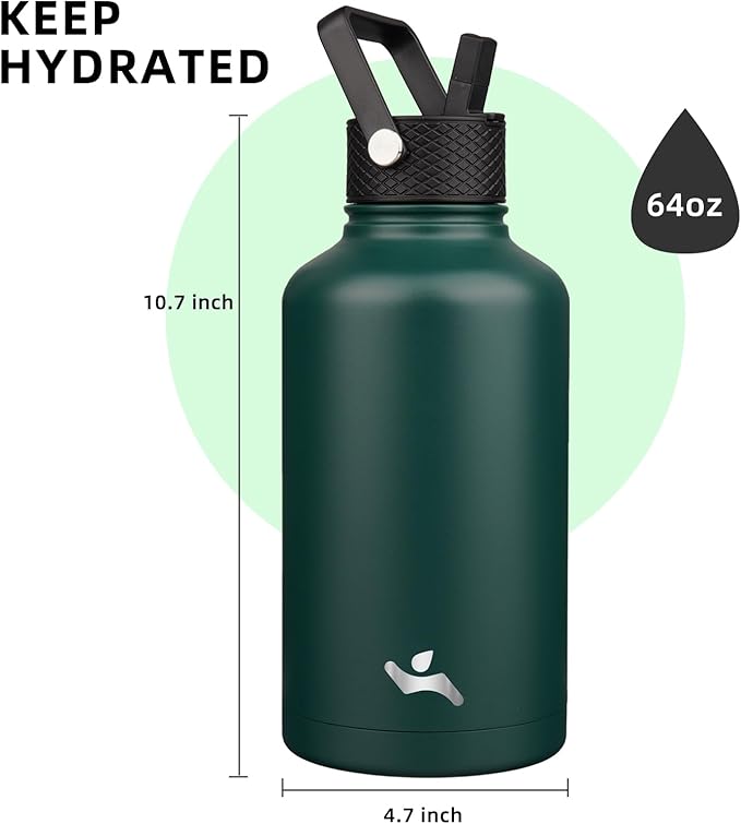 Konokyo Half Gallon Insulated Water Bottle with Straw,64 oz 3 Lids Water Jug with Carrying Bag,Paracord Handle,Double Wall Vacuum Stainless Steel Metal Flask,Dark Green