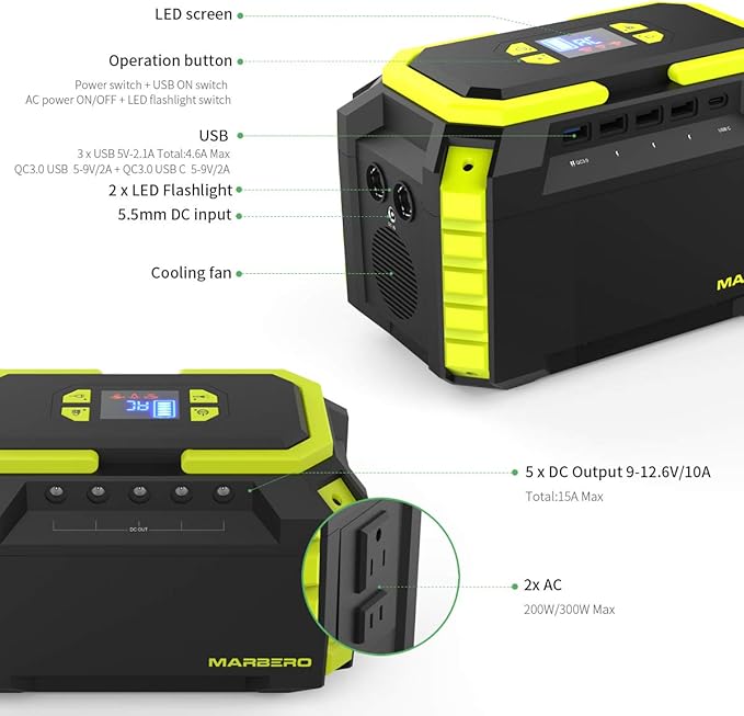 MARBERO 222Wh Portable Power Station 200W Outdoor Generator 60000mAh with AC Outlet 110V 200W DC USB LED Flashlights Lithium Battery Power Supply for CPAP Camping Backup Emergency Home