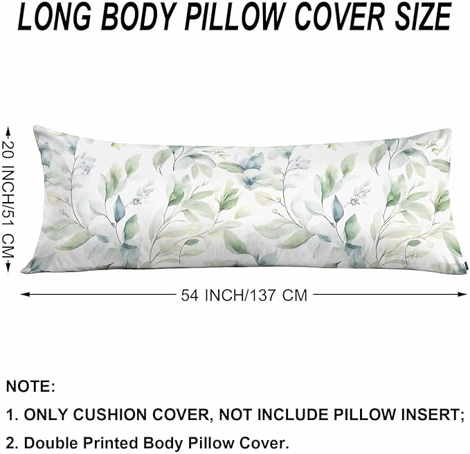 Green Leaf Decorative Home Pillow Covers, Watercolor Floral Eucalyptus Leaves Long Body Pillow Cover Sleeper Cushion Cover Body Pillowcase for Man Woman Sofa Patio Shop 20x54 Inch
