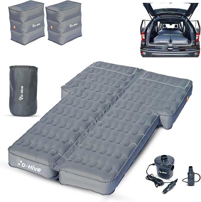 D-Hive Shortened Length - Unbeatable Durability SUV Air Mattress for Car Camping, Durable Extra Thick 300D Oxford Fabric, Quick Easy Set-Up w/Electric Pump, Car Mattress with Base Extenders 180cm